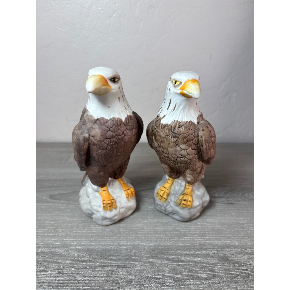 Vintage Artmark‎ Porcelain Bald Eagle Figurines Pair Matte Brown White Taiwan